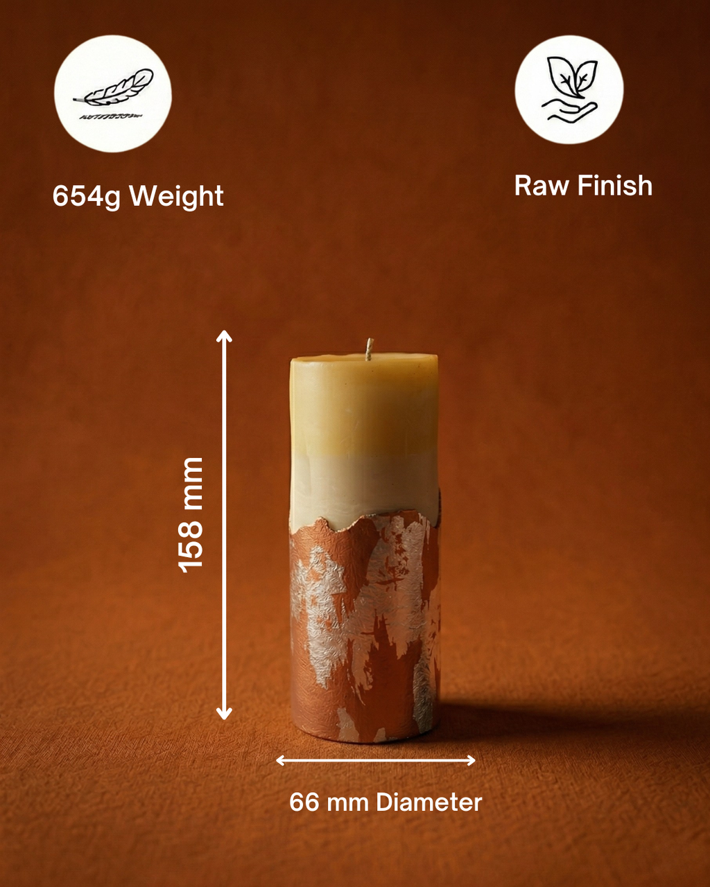 Fragnam Copper Luxe Pillar Candle with textured finish and warm copper color, standing upright on a flat surface.