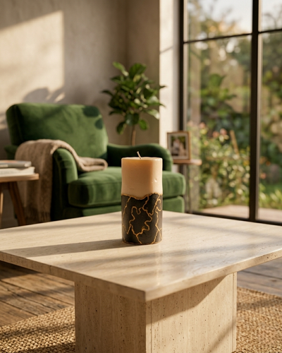 Fragnam Midnight Pillar Candle with a tall, dark wax design and subtle textured surface, suitable for home decor or ambiance.