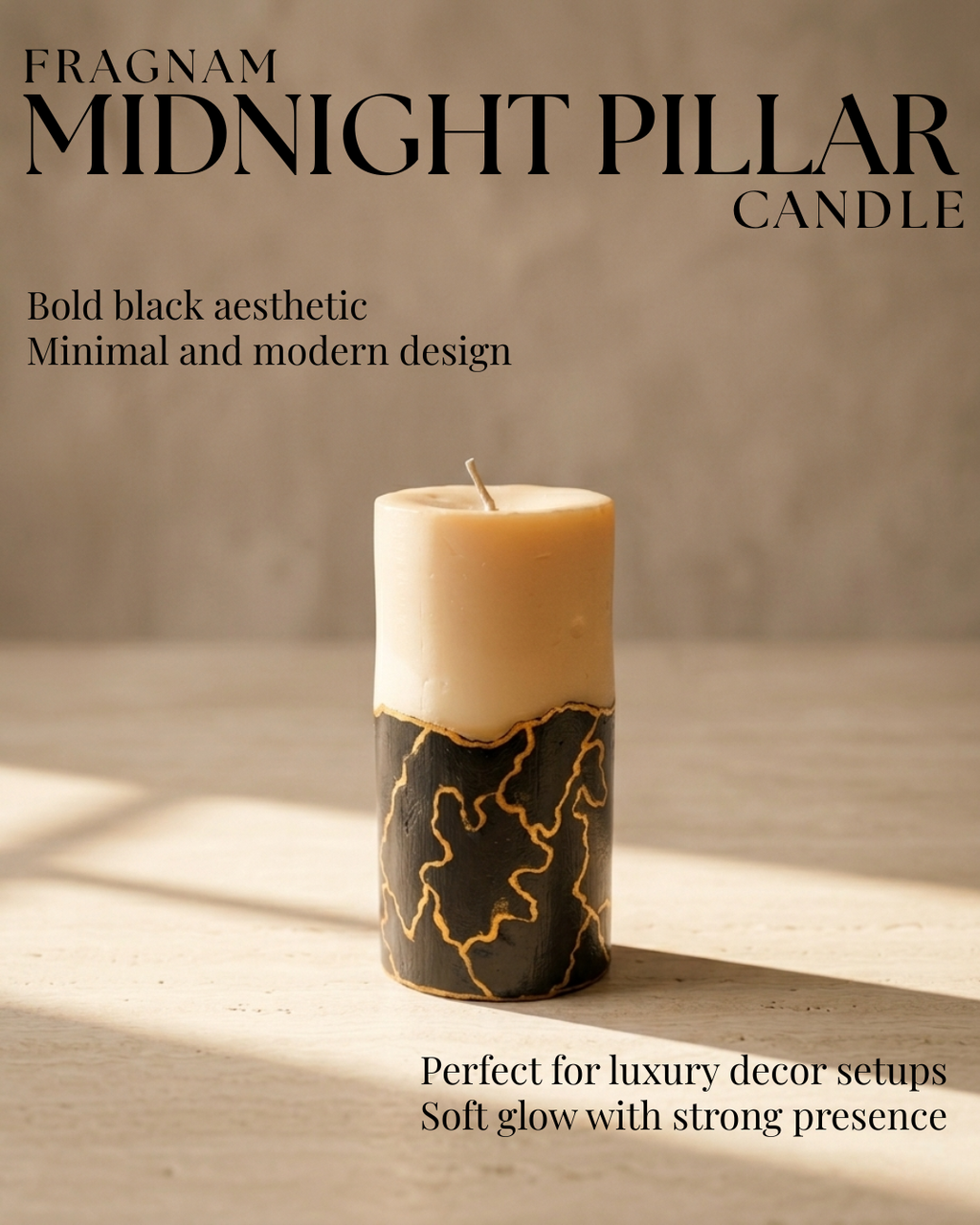 Fragnam Midnight pillar candle with a tall, dark wax design, featuring a smooth surface and unlit wick for elegant home décor.