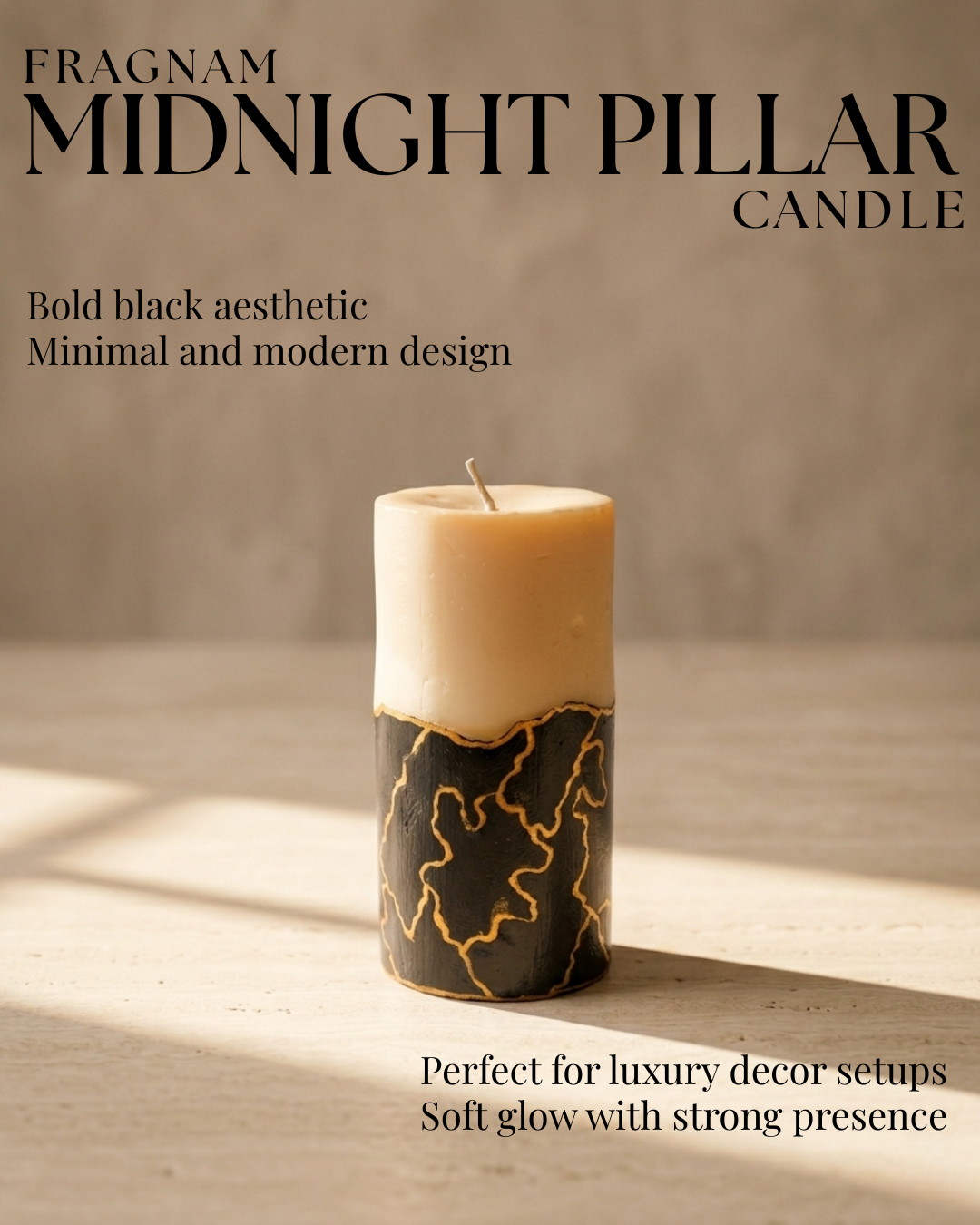 Fragnam Midnight pillar candle with a tall, dark wax design, featuring a smooth surface and unlit wick for elegant home décor.