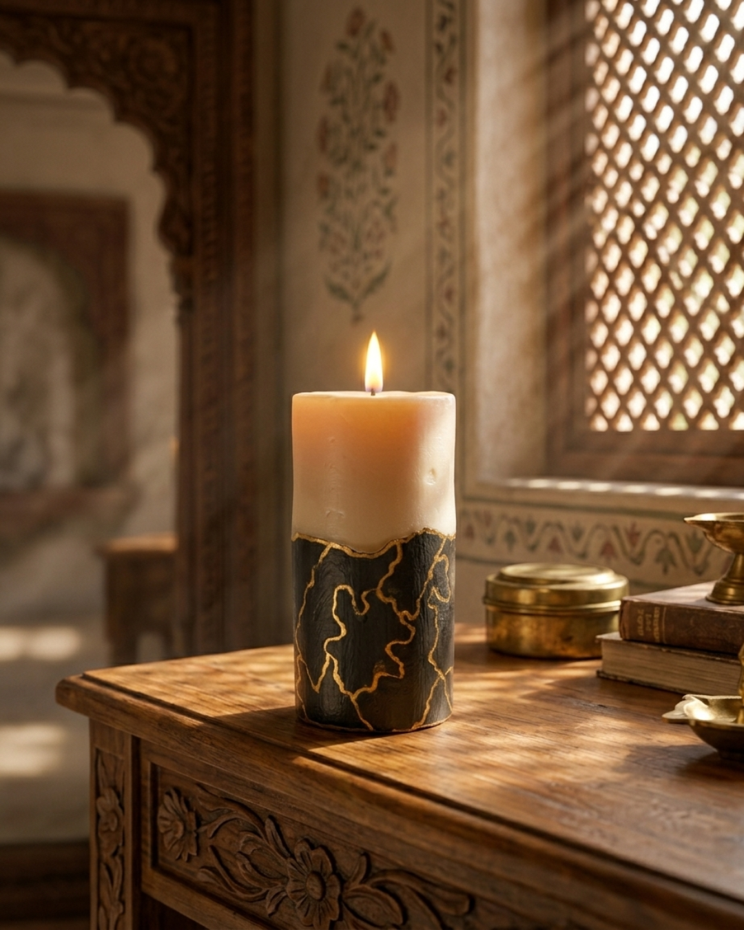 Fragnam Midnight Pillar Candle with a tall, black wax design, featuring a smooth surface and a lit flame for cozy ambiance.