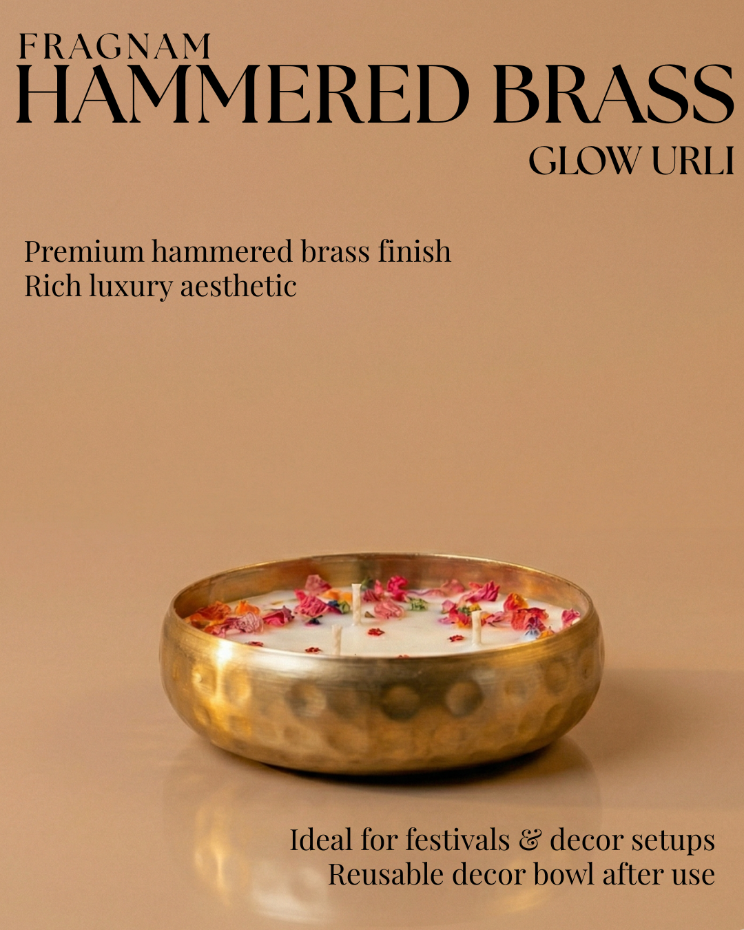 Hammered brass glow urli by Fragnam with a rounded, textured surface perfect for home decor and decorative use.