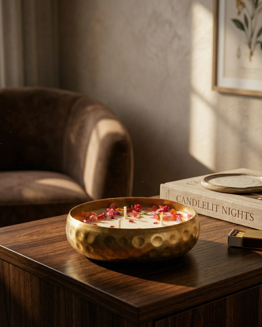 Hammered brass glow urli by Fragnam with a round, textured design perfect for decorative indoor or outdoor use.