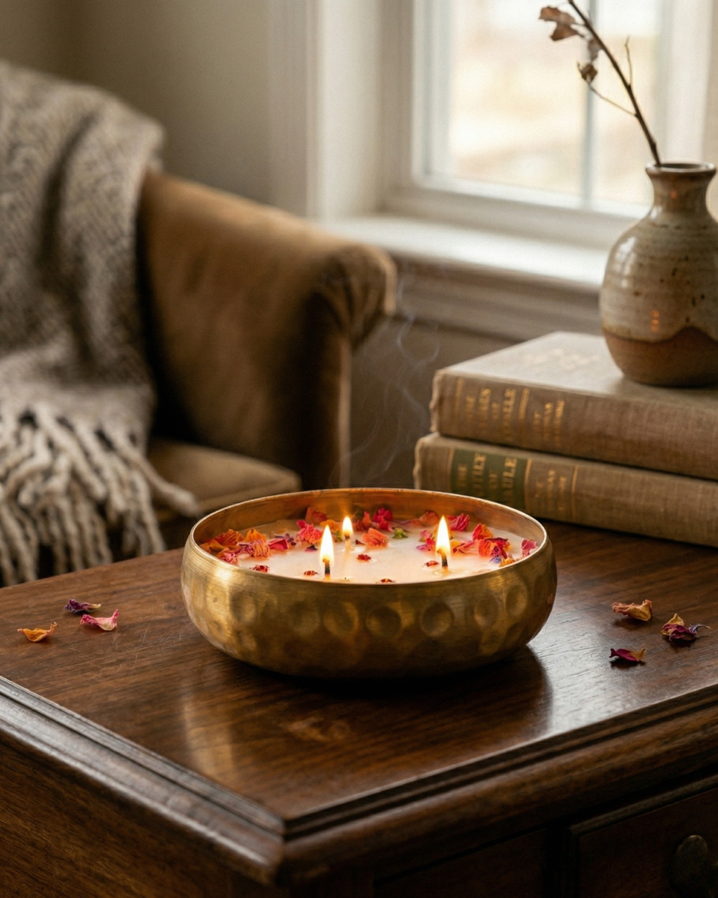 Hammered brass glow urli by Fragnam featuring a rounded, textured design perfect for decorative or aromatic purposes.