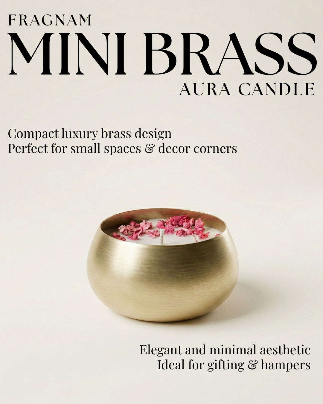 Mini brass aura candle by Fragnam featuring a sleek brass exterior and a lit wick, creating a warm, ambient glow.