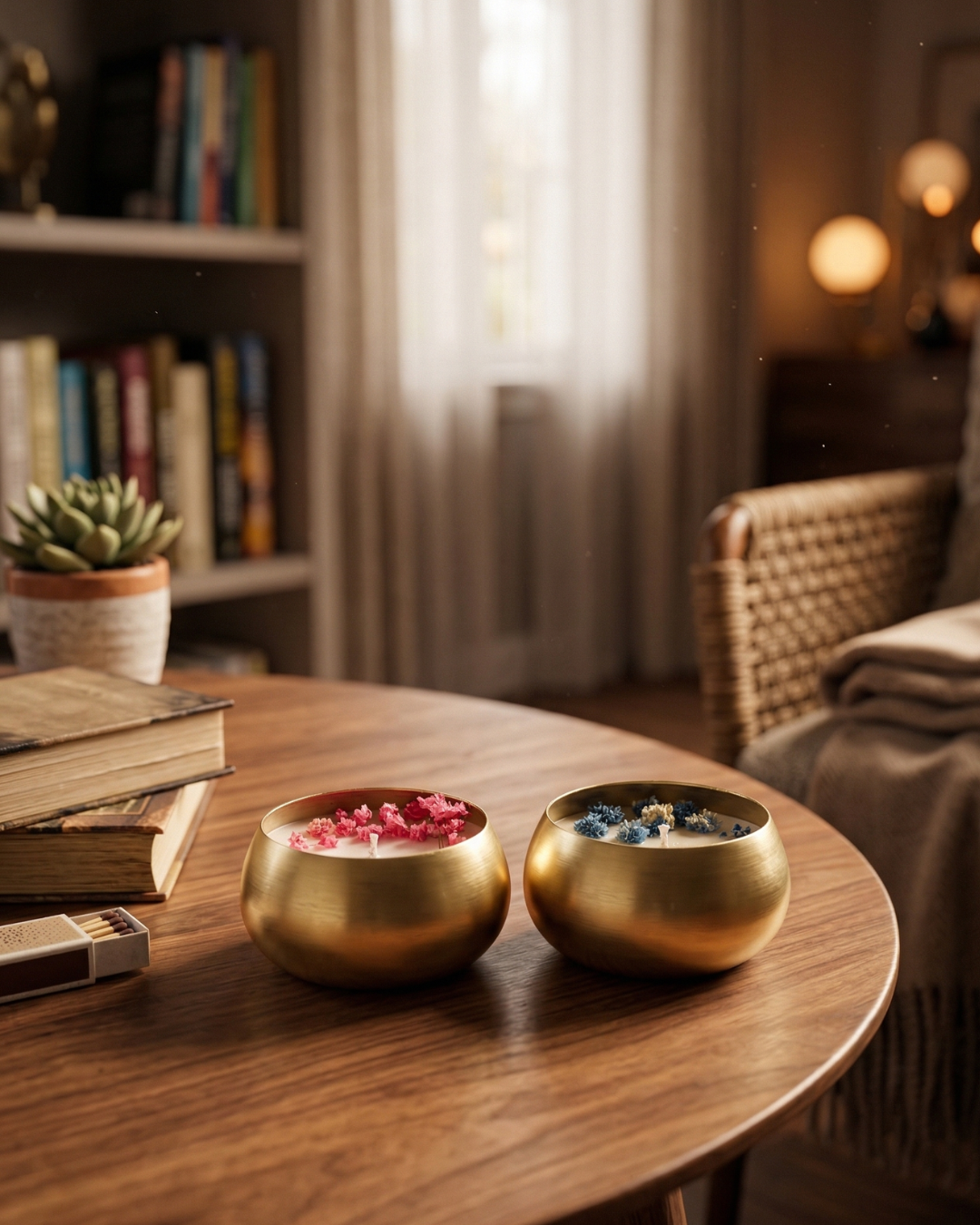 Mini brass aura candle from Fragnam with a sleek brass exterior and a lit wick, creating a warm, inviting glow.