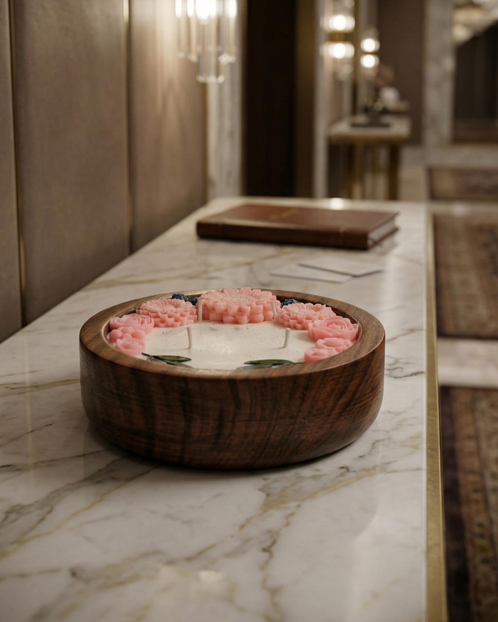 Fragnam Sheesham Luxe Urli Candle with intricate design, made of Sheesham wood, showcasing a stylish and elegant decorative piece