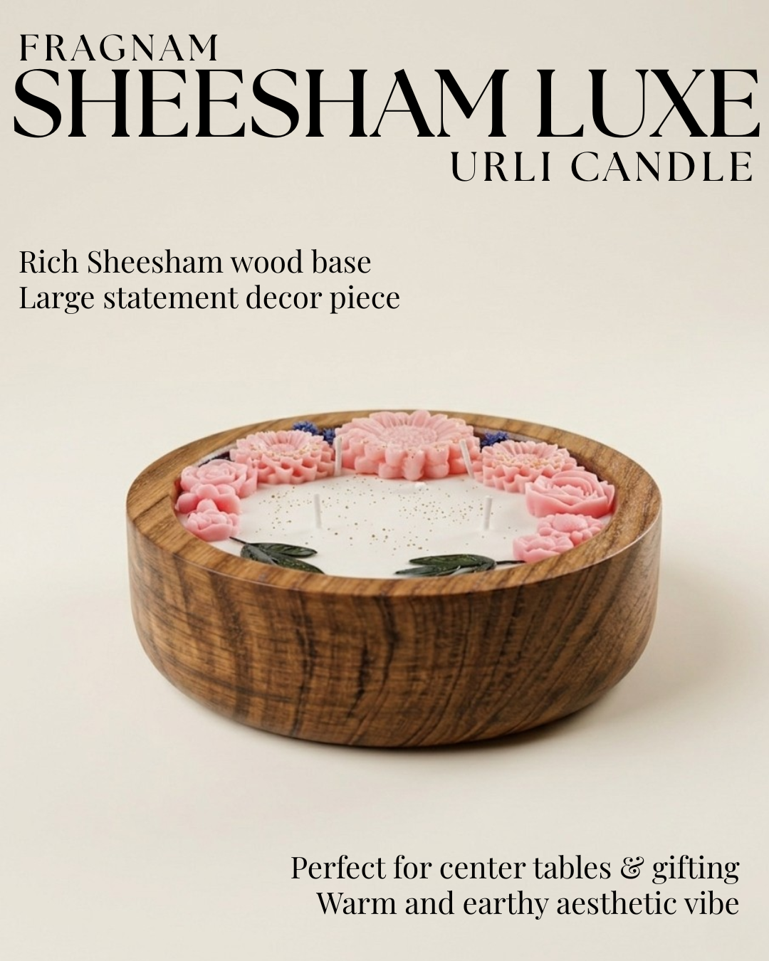 Fragnam Sheesham Luxe Urli Candle with intricate carvings and a polished finish, designed for elegant home decor.