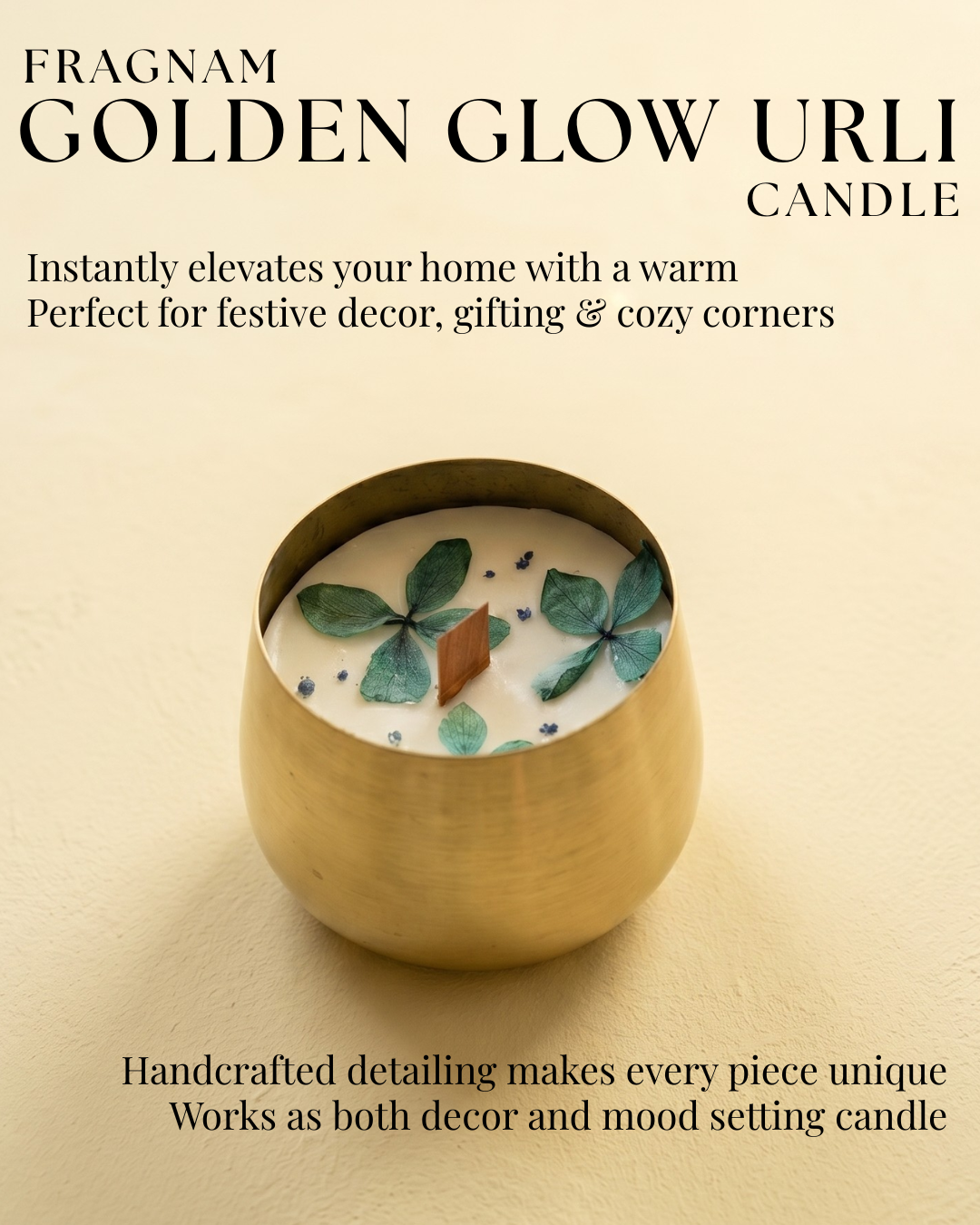 Golden glow Urli candle by Fragnam with intricate design, perfect for home decor and ambient lighting.