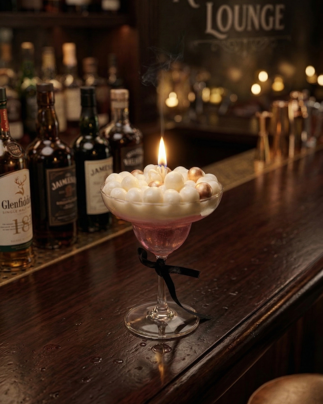 Fragnam Margarita Pearl Wine Candle with a clear glass holder and decorative pearl accents on a white surface.