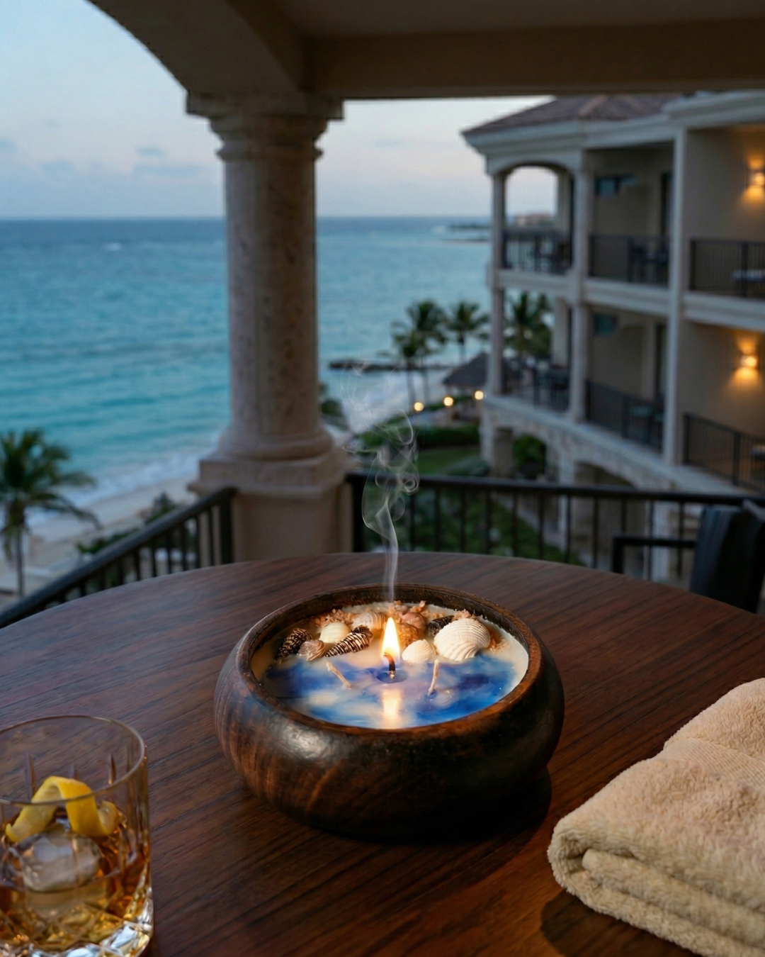 Fragnam Ocean Calm wooden urli candle with a natural finish, featuring a round shape and decorative design for calming ambiance.