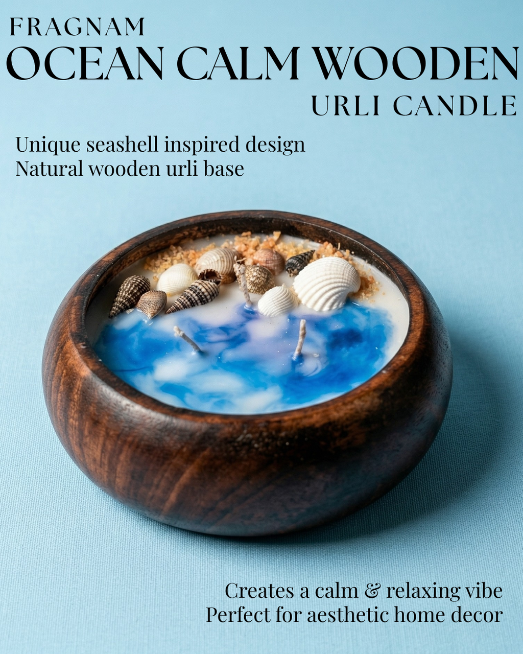 Fragnam Ocean Calm wooden urli candle with carved design and calming blue tones, perfect for home decor and relaxation.