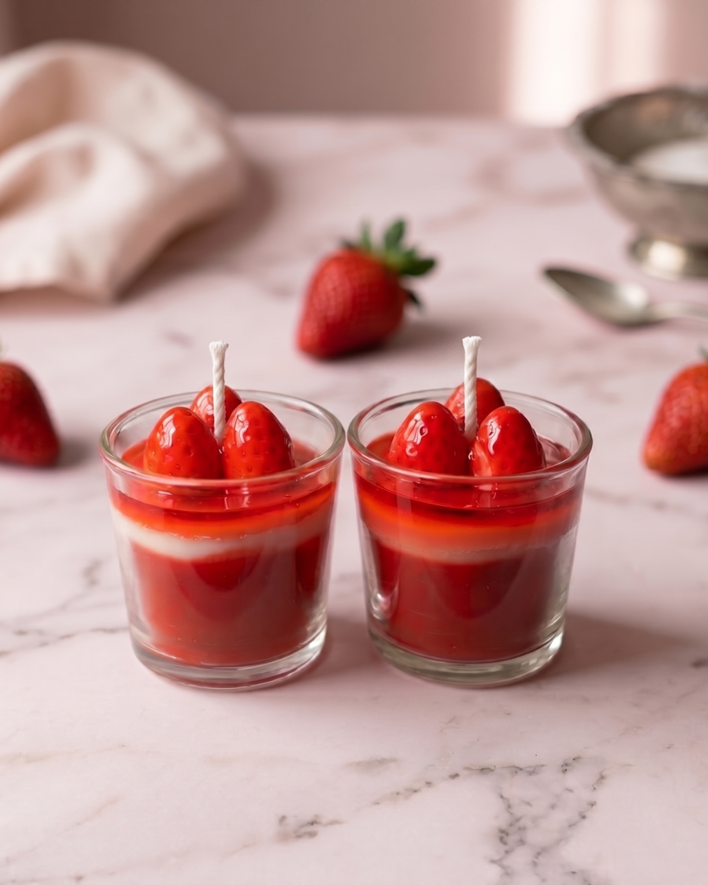 Fragnam Strawberry Charm Candle with decorative strawberry charm and warm, soft candlelight in a clear glass holder.