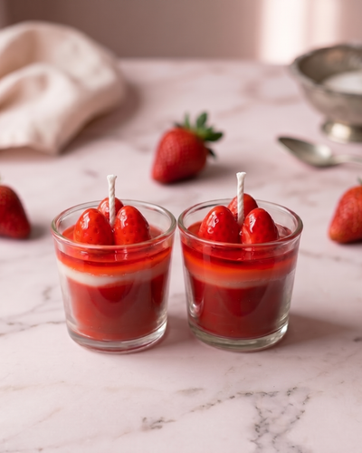 Fragnam Strawberry Charm Candle with decorative strawberry charm and warm, soft candlelight in a clear glass holder.