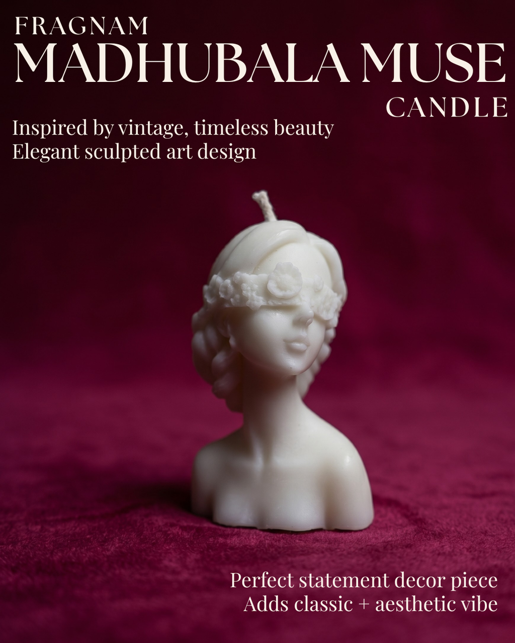 Fragnam Madhubala Muse Candle in a decorative glass holder with a lit wick, showcasing its elegant design and warm glow.