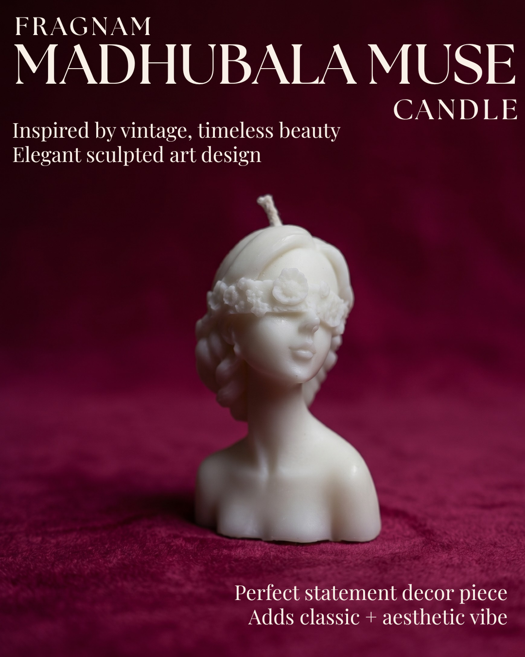 Fragnam Madhubala Muse Candle in a decorative glass holder with a lit wick, showcasing its elegant design and warm glow.