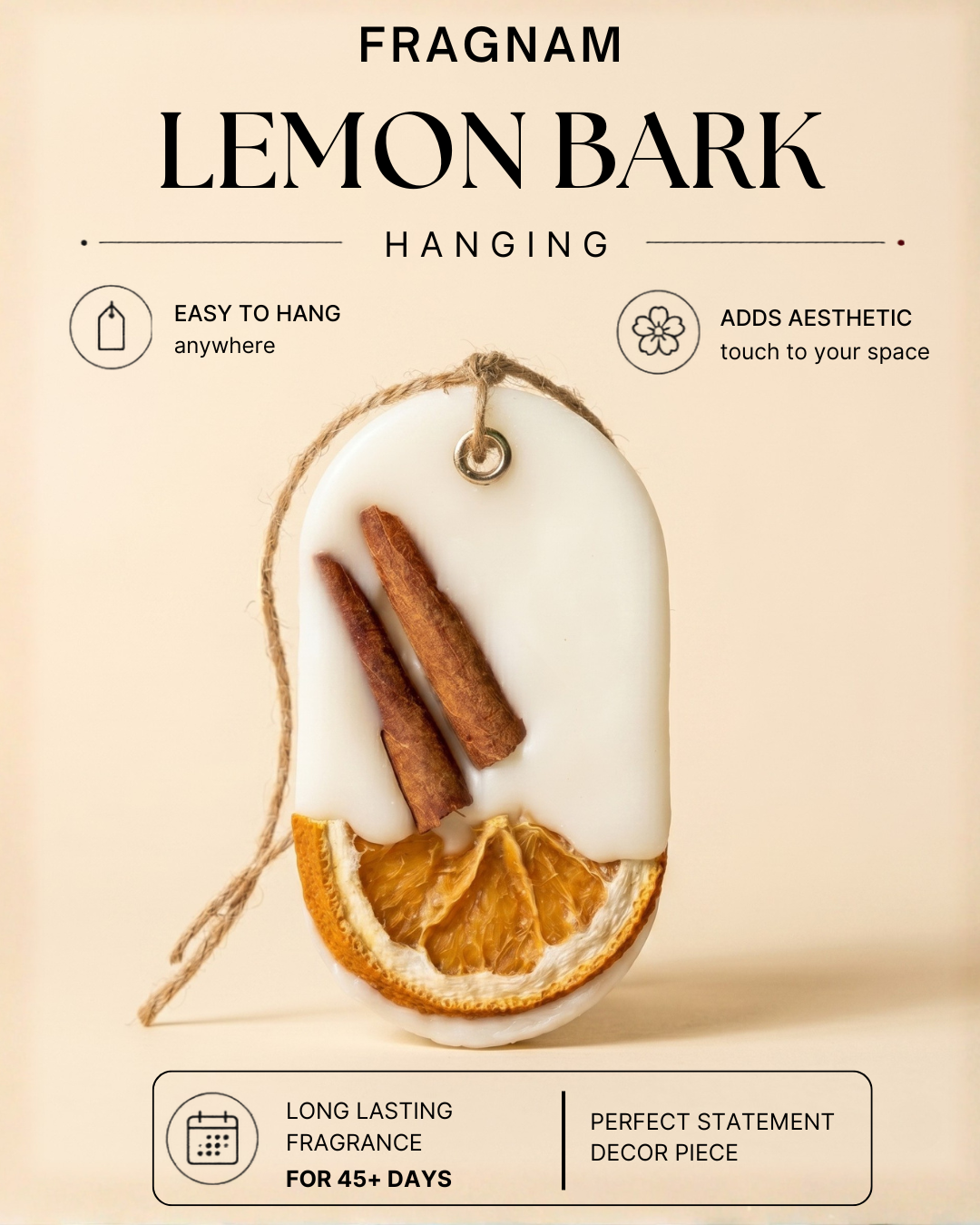 Fragnam Lemon Bark Hanging air freshener with lemon and bark design, suitable for car or home decor.