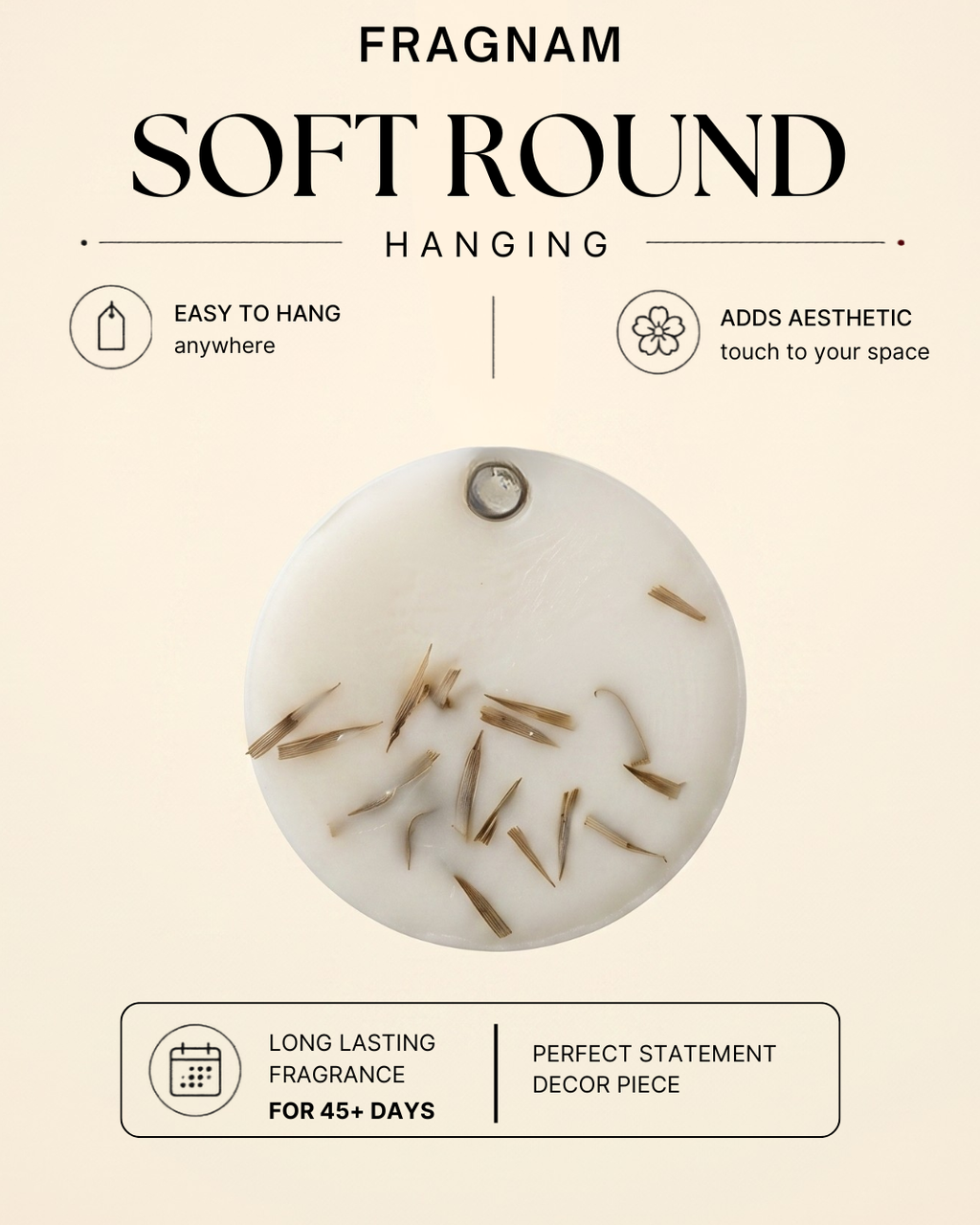 Fragnam soft round hanging ornament with a smooth, plush surface and decorative hanging string, ideal for home decor.