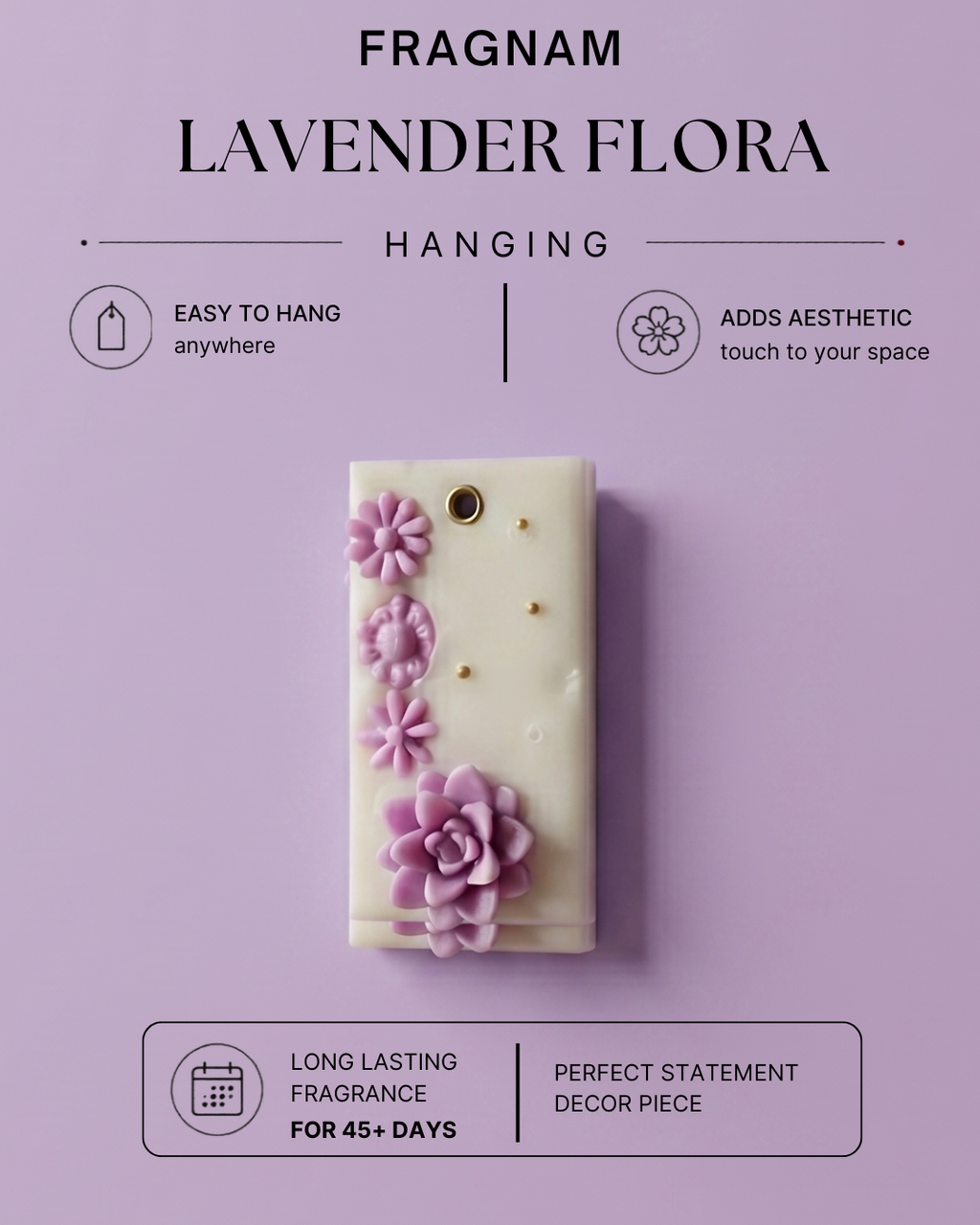Fragnam Lavender Flora Hanging air freshener with purple floral design and hanging string for home or car use