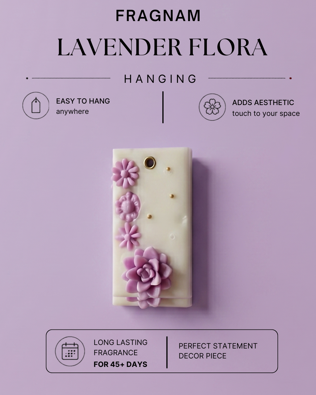 Fragnam Lavender Flora Hanging air freshener with purple floral design and hanging string for home or car use
