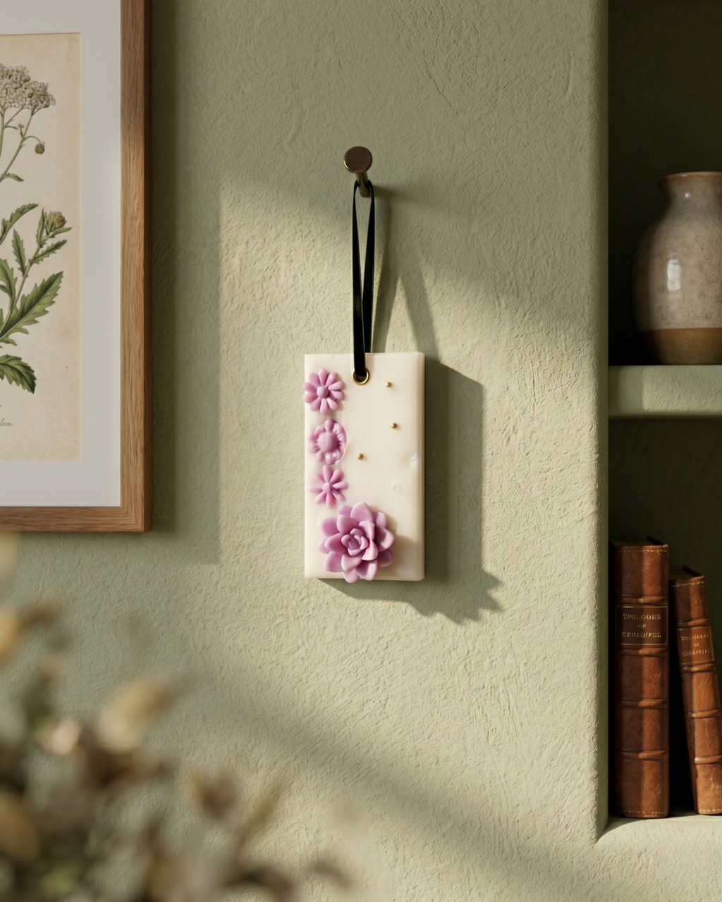 Fragnam Lavender Flora Hanging fragrance diffuser with purple floral design and hanging string for decorative scent display.