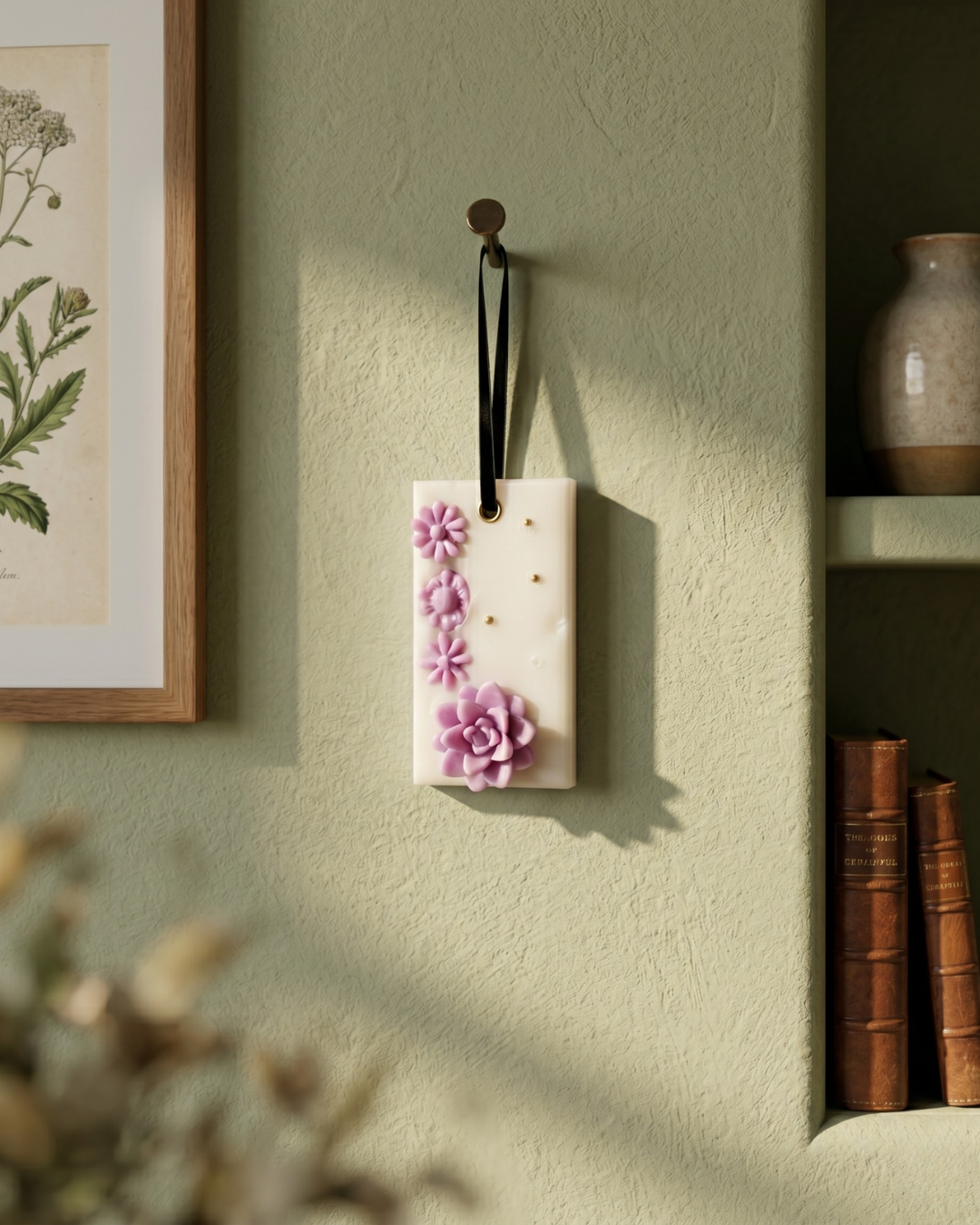 Fragnam Lavender Flora Hanging fragrance diffuser with purple floral design and hanging string for decorative scent display.