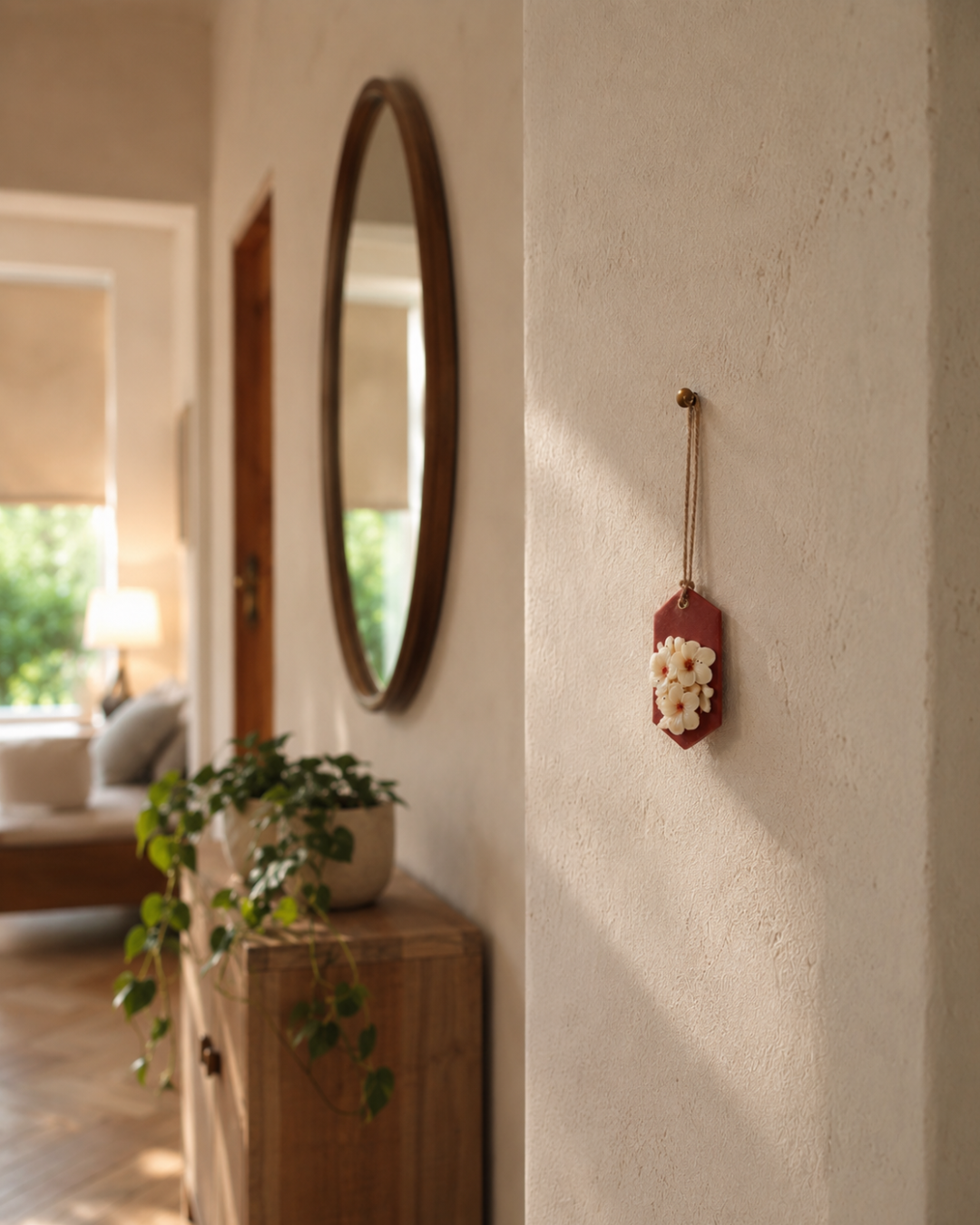 Crimson Petals Hanging Fragnam air freshener with vibrant red flower design and decorative hanging string.