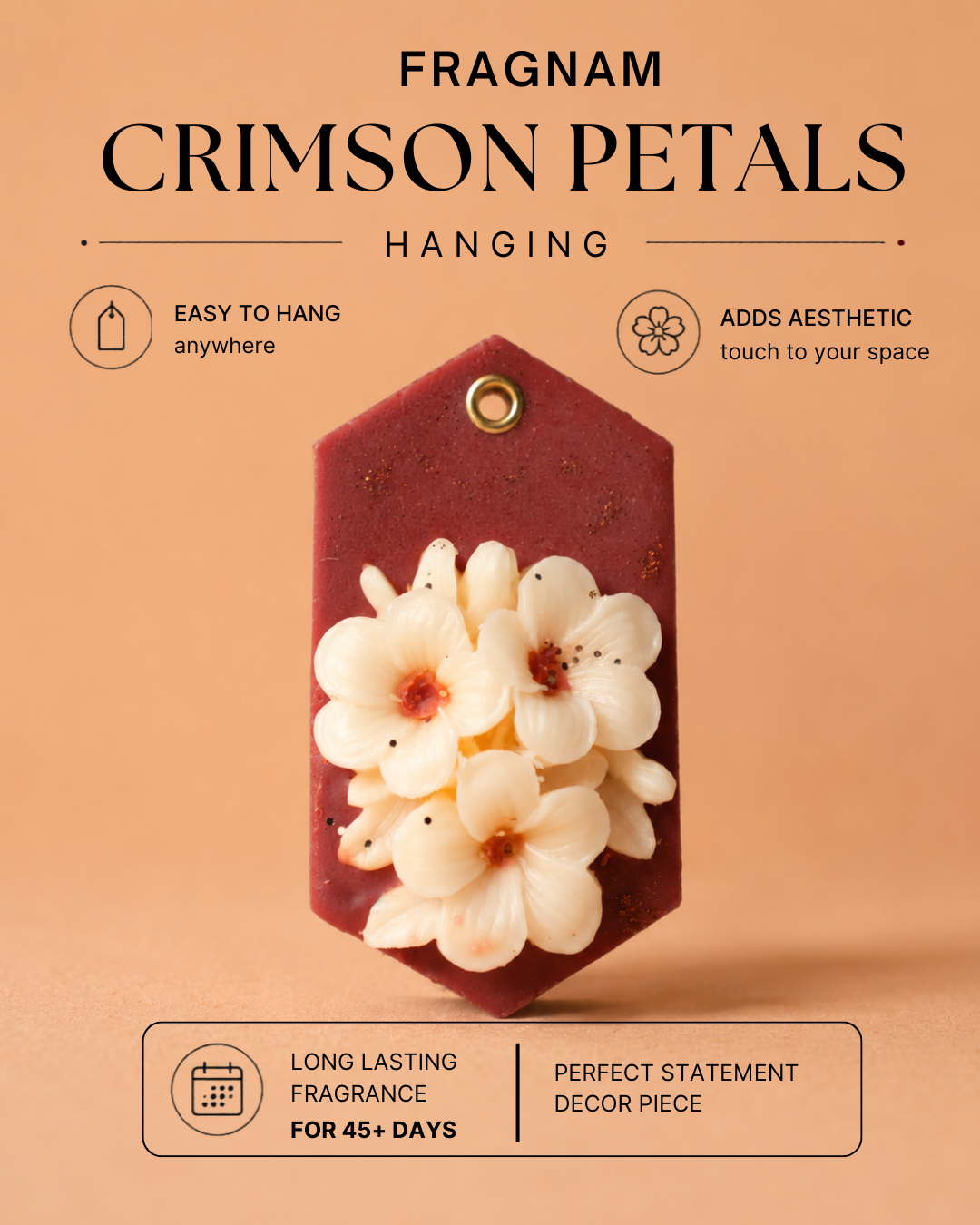 Crimson Petals Hanging Fragrance by Fragnam, decorative floral scent diffuser with red petals, ideal for home aromatherapy.
