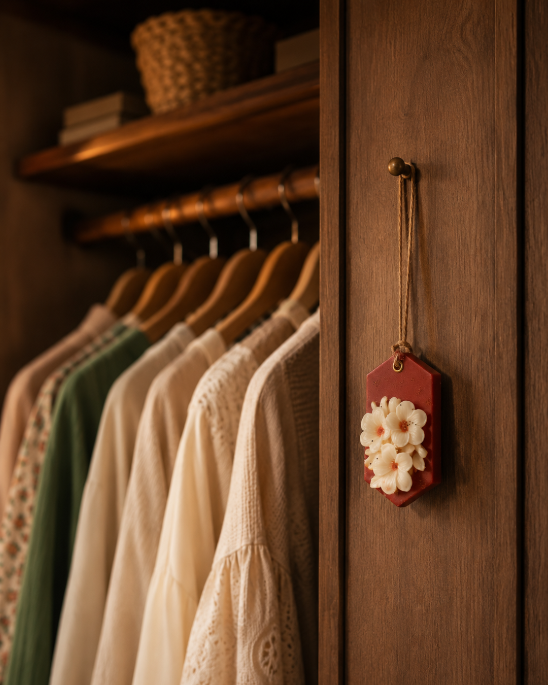 Crimson Petals Hanging Fragnam by Fragnam featuring vibrant red flower-shaped fragrance ornaments hanging from a string.