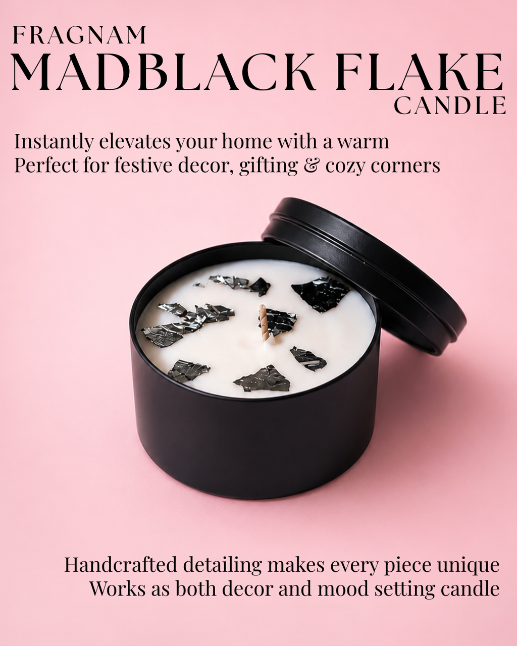 Fragnam MadBlack Flake Candle with black and white flakes in a glass holder, decorative candle for home ambiance.