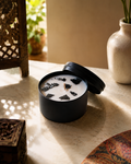 Fragnam MadBlack Flake Candle with black and white wax flakes in a glass jar, decorative and aromatic home candle.
