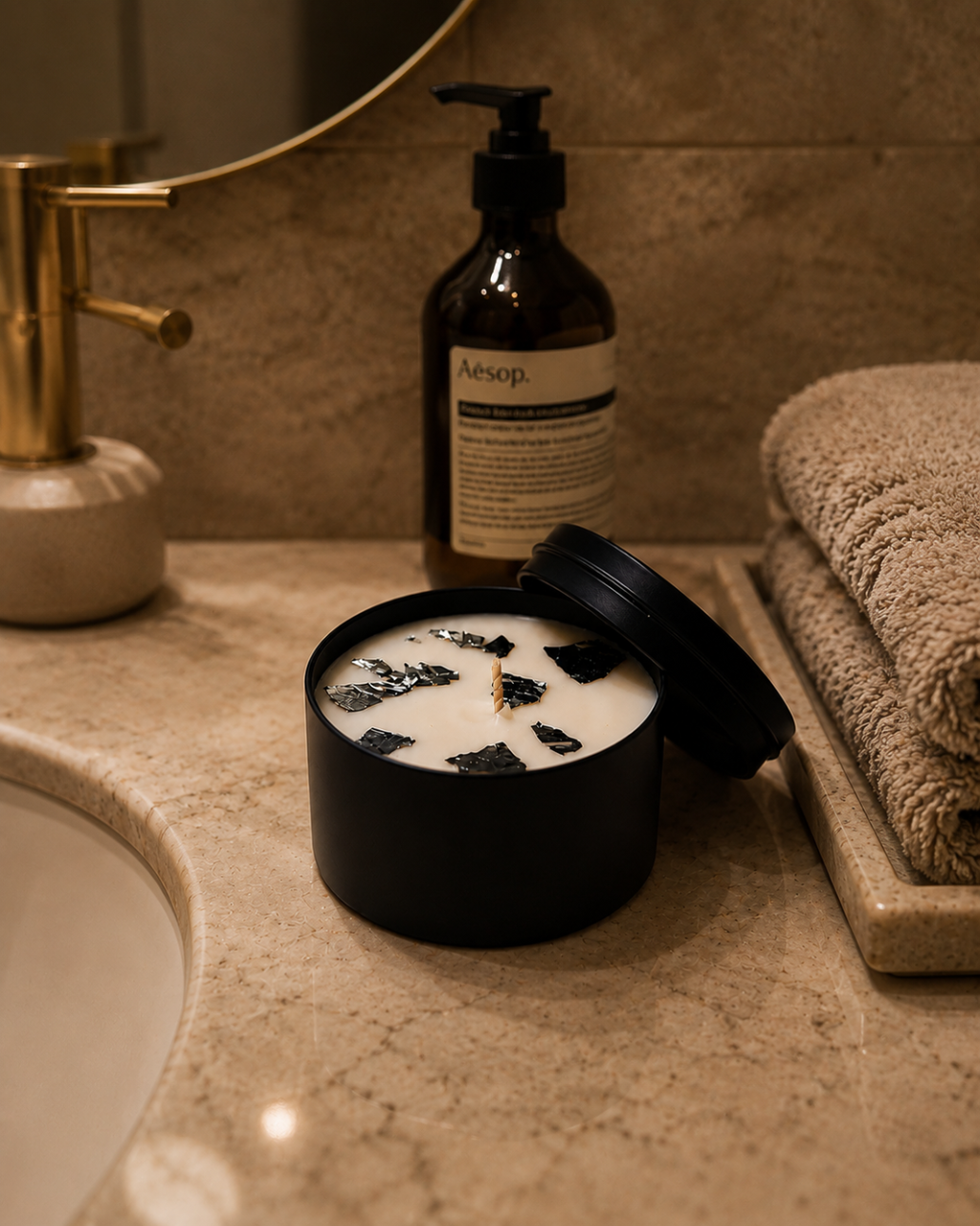 Fragnam MadBlack Flake Candle with black and silver flakes in a glass jar, decorative home fragrance accessory.