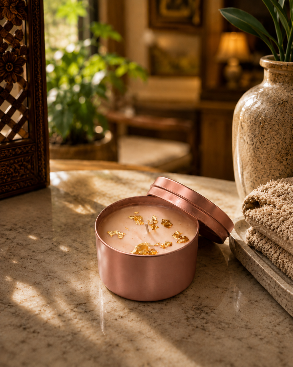 Fragnam Rose Gold Candle with a sleek, metallic finish and a lit wick, showcasing elegant design and warm glow.