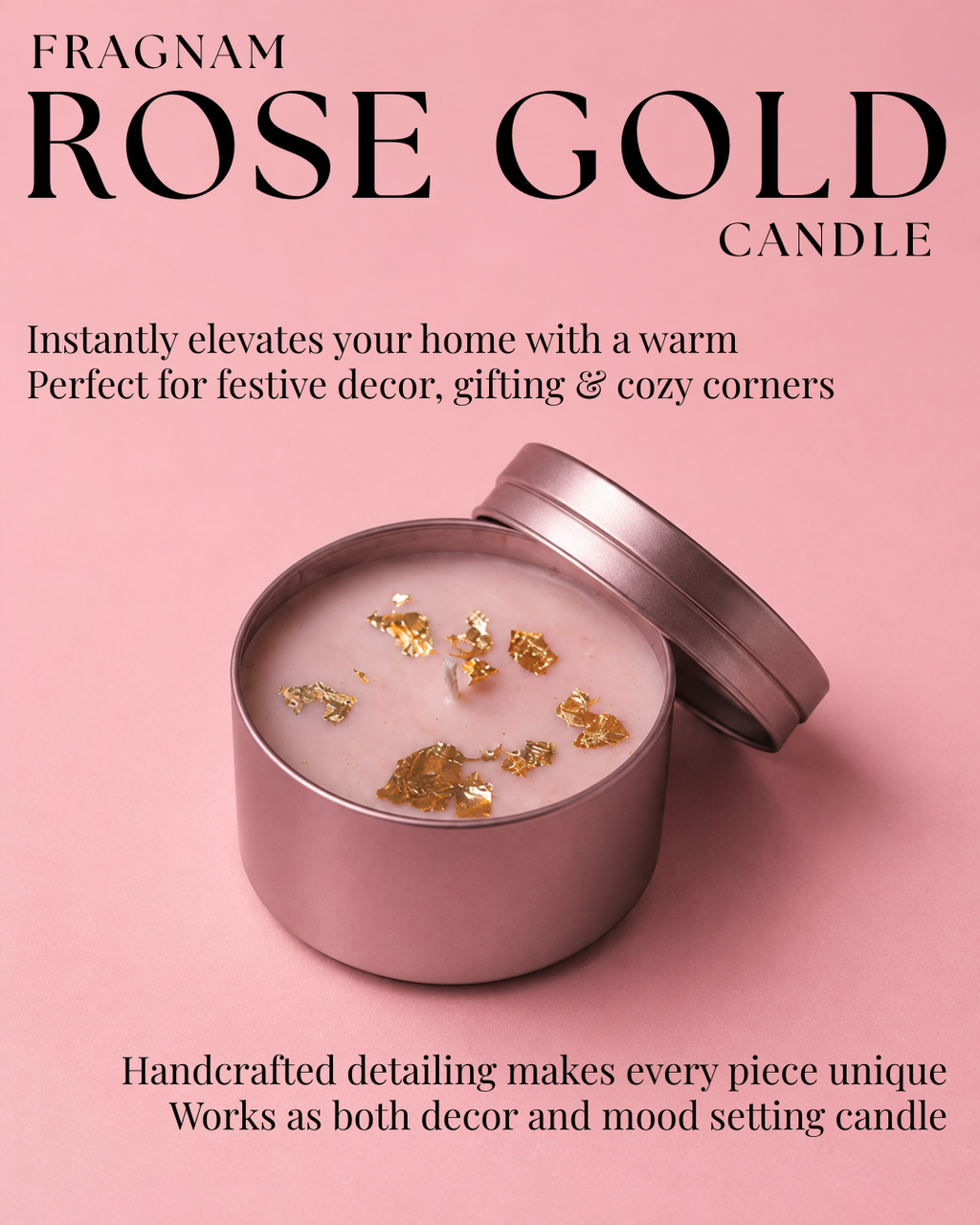 Fragnam Rose Gold Candle with a sleek metallic finish and a lit wick, showcasing elegant design and warm glow.