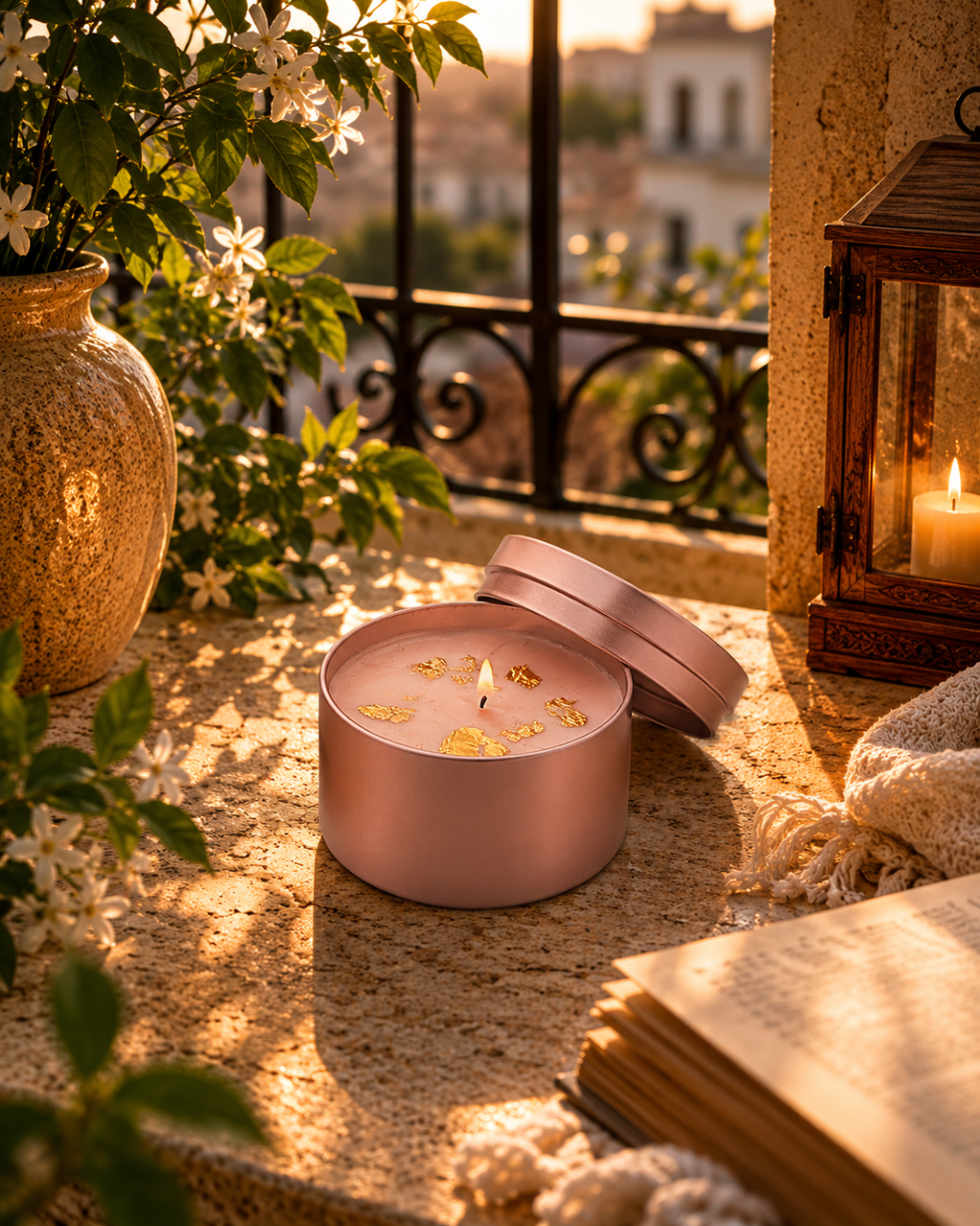 Fragnam Rose Gold Candle with a sleek metallic finish and a flickering flame, perfect for home decor and ambient lighting.