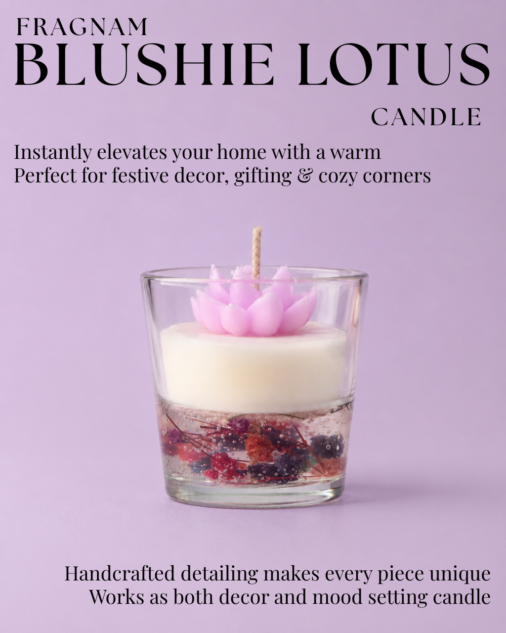 Fragnam Blushie Lotus Candle with pink and white lotus flower design and soft candle flame, decorative for home decor.