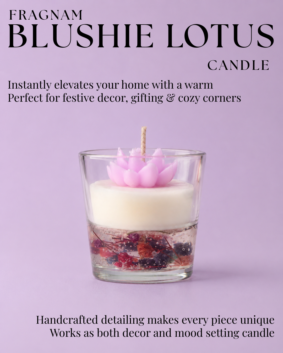 Fragnam Blushie Lotus Candle with pink and white lotus flower design and soft candle flame, decorative for home decor.