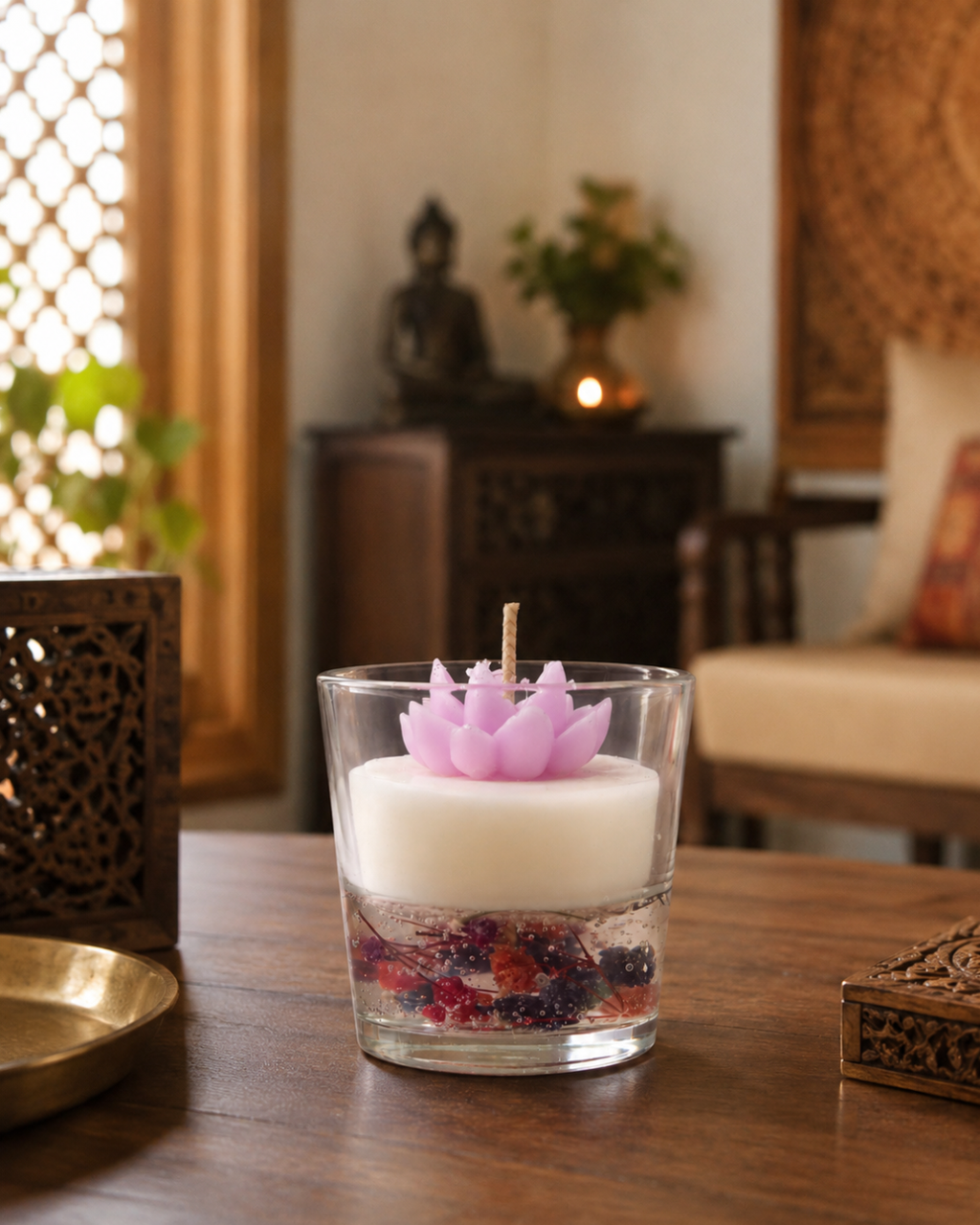Fragnam Blushie Lotus Candle with soft pink wax and a white lotus flower design on top.