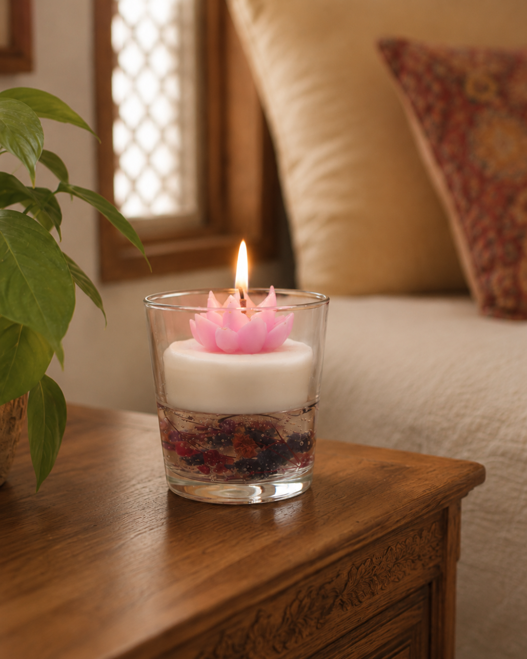 Fragnam Blushie Lotus Candle with soft pink wax and lotus flower design, perfect for decorative home ambiance.
