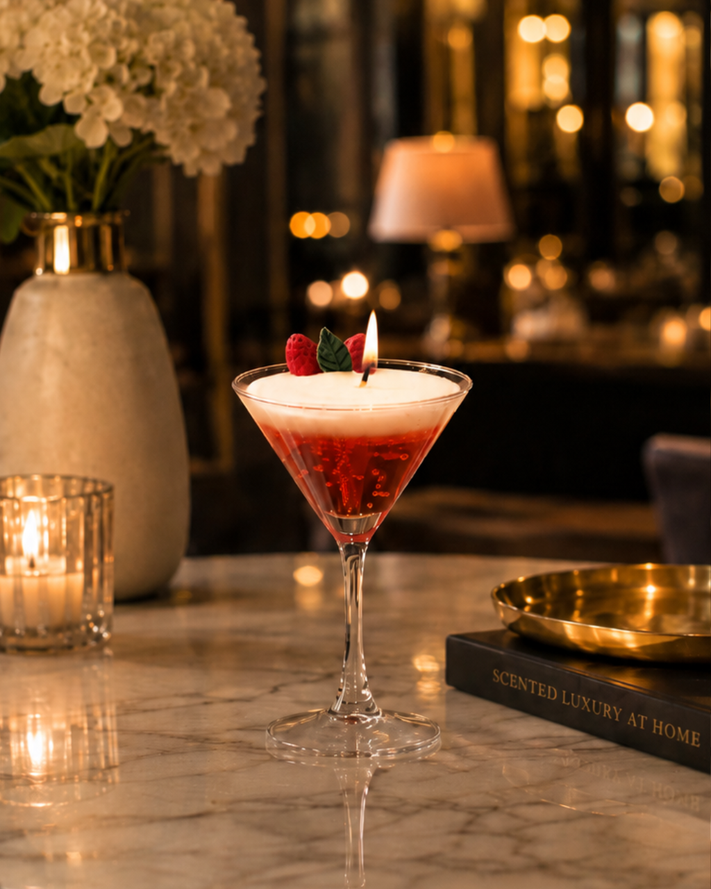 Fragnam Berry Bliss Candle with a glass jar, featuring a label, and a lit wick emitting a warm, inviting glow.
