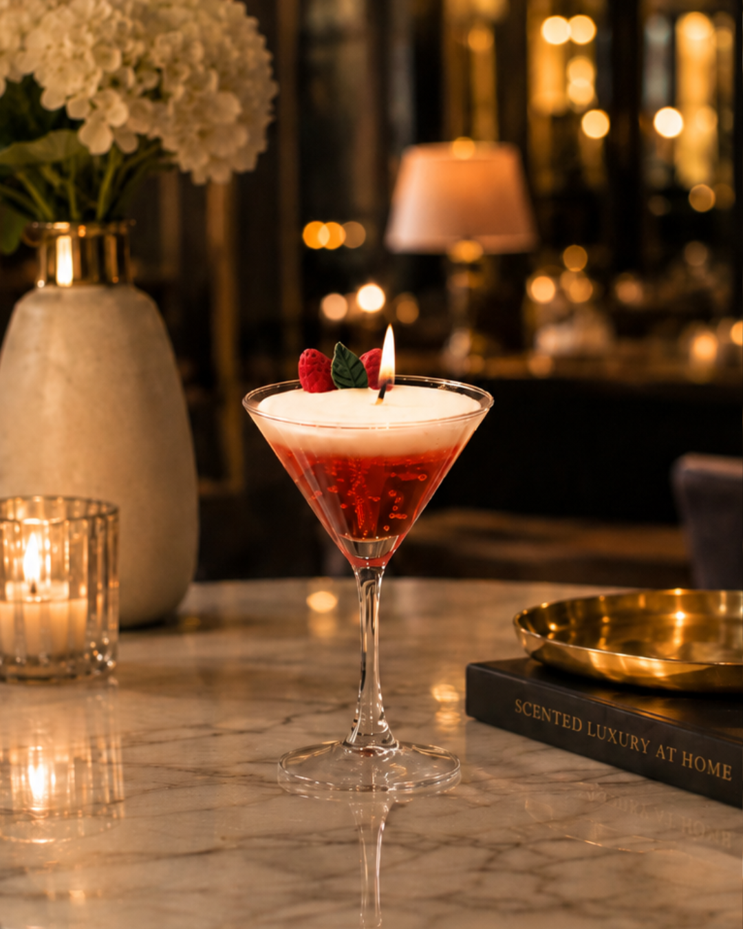 Fragnam Berry Bliss Candle with a glass jar, featuring a label, and a lit wick emitting a warm, inviting glow.