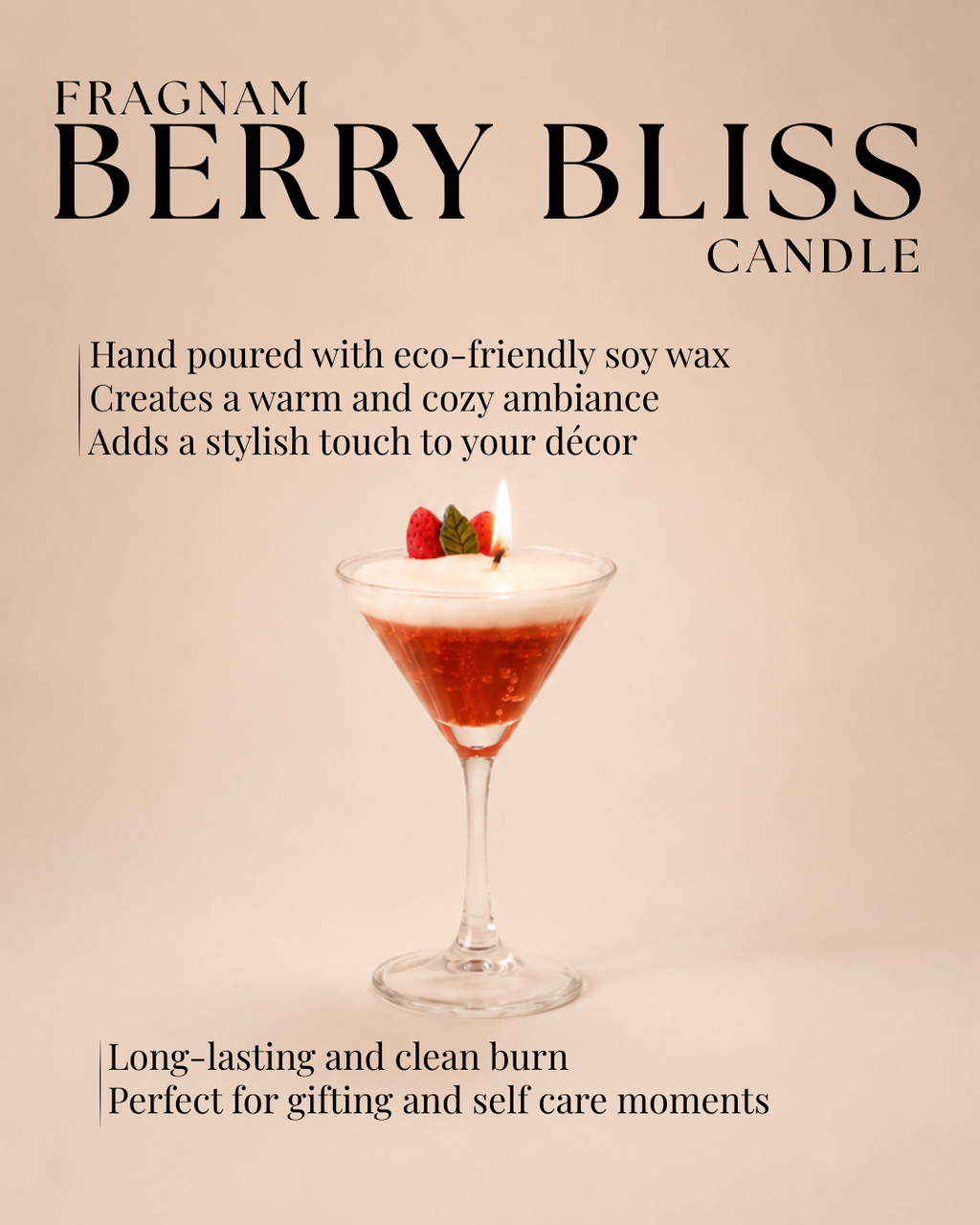 Fragnam Berry Bliss Candle with a white container and a floral label, emitting a warm, inviting glow.