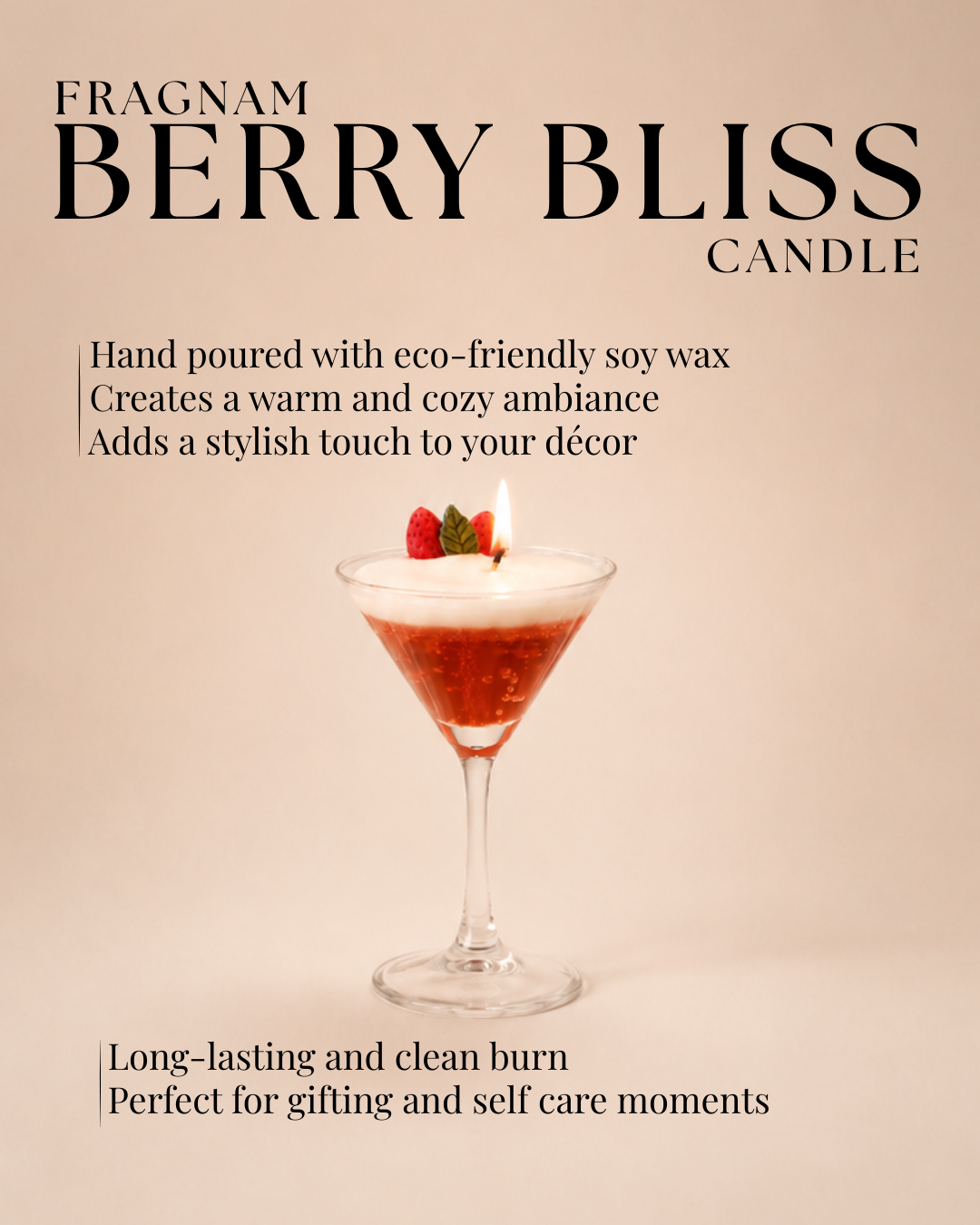 Fragnam Berry Bliss Candle with a white container and a floral label, emitting a warm, inviting glow.