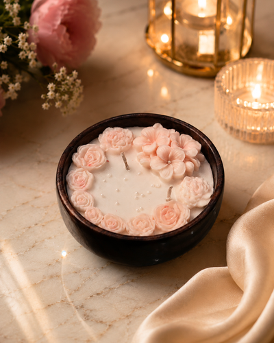 Fragnam Ever Garden Candle with a floral design and glass holder, ideal for home décor and creating a cozy atmosphere