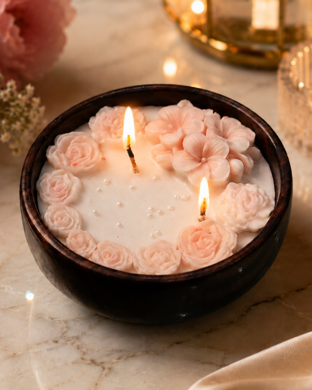 Fragnam Ever Garden Candle with a glass jar and floral design, perfect for home decor and ambient lighting.