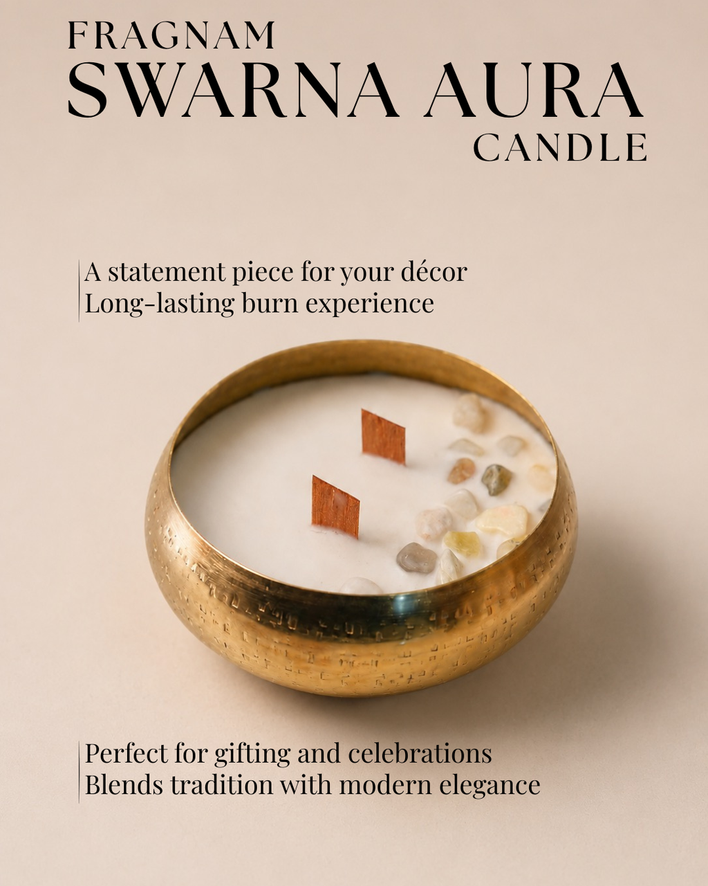 Fragnam Swarna Aura Candle with golden decorative design and elegant glass holder, ideal for home decor and ambient lighting.