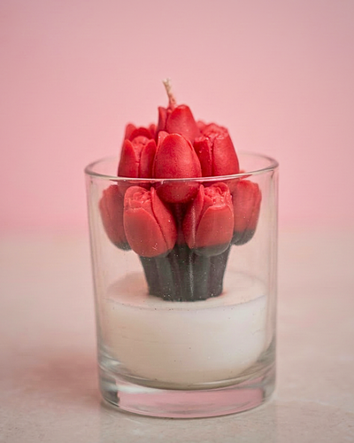 Fragnam Crimson Tulip Bloom Candle with vibrant red tulip design and elegant glass holder, perfect for decorative lighting.