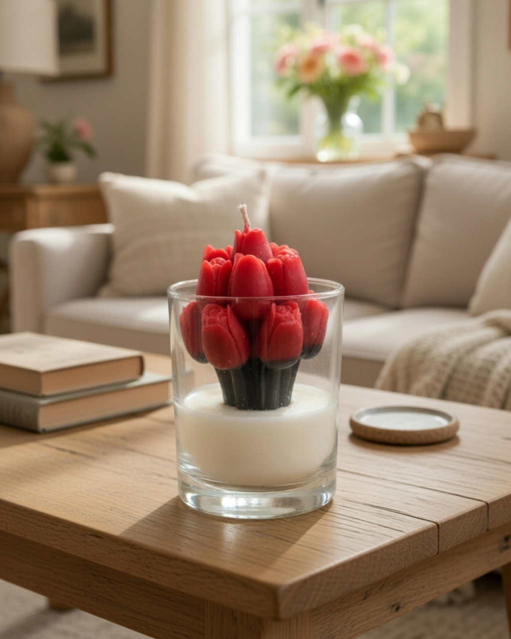 Fragnam Crimson Tulip Bloom Candle with vibrant red tulip-shaped wax and elegant floral design.
