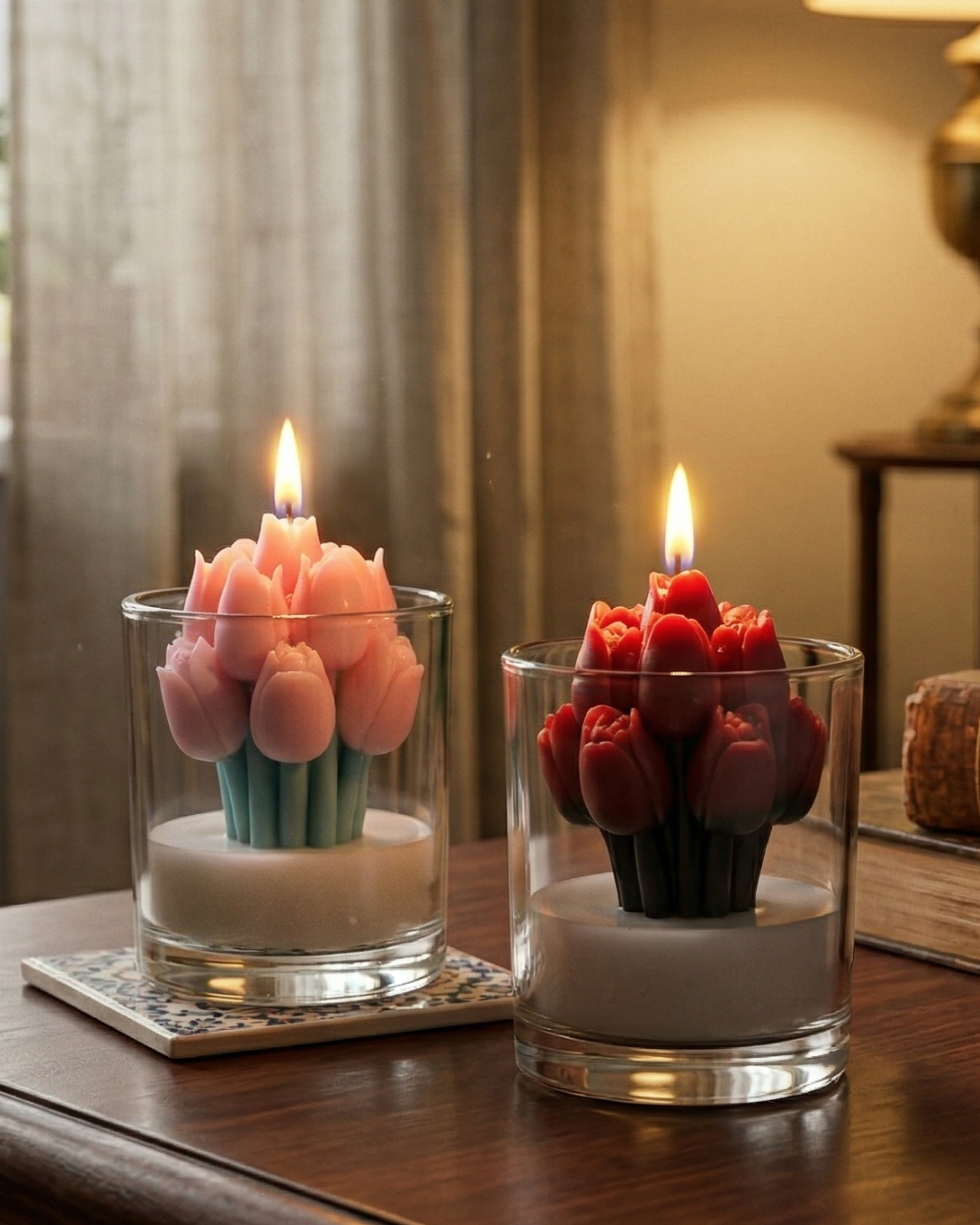 Fragnam Crimson Tulip Bloom Candle with vibrant red tulip design and elegant glass container for home decor.