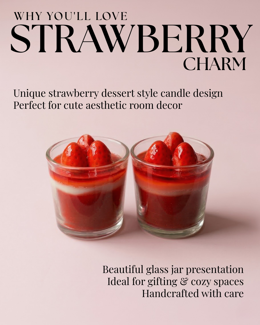 Fragnam Strawberry Charm Candle with decorative pink and white wax and a small strawberry-shaped charm on top.